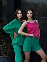 Женский костюм-тройка жатка рубашка штаны шорты размер S, летний легкий костюм 3 в 1 зеленый, костюм жатка