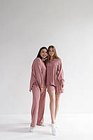 Женский костюм-тройка жатка рубашка штаны шорты размер XS, летний легкий костюм 3 в 1 темно-розовый, костюм жатка
