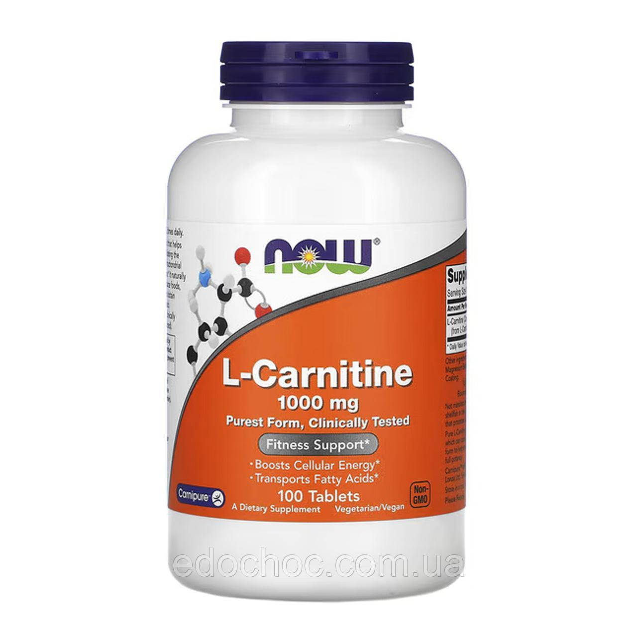 Л-Карнітин (L-Carnitine) 1000 мг 100 таблеток NOW-00068, фото 1