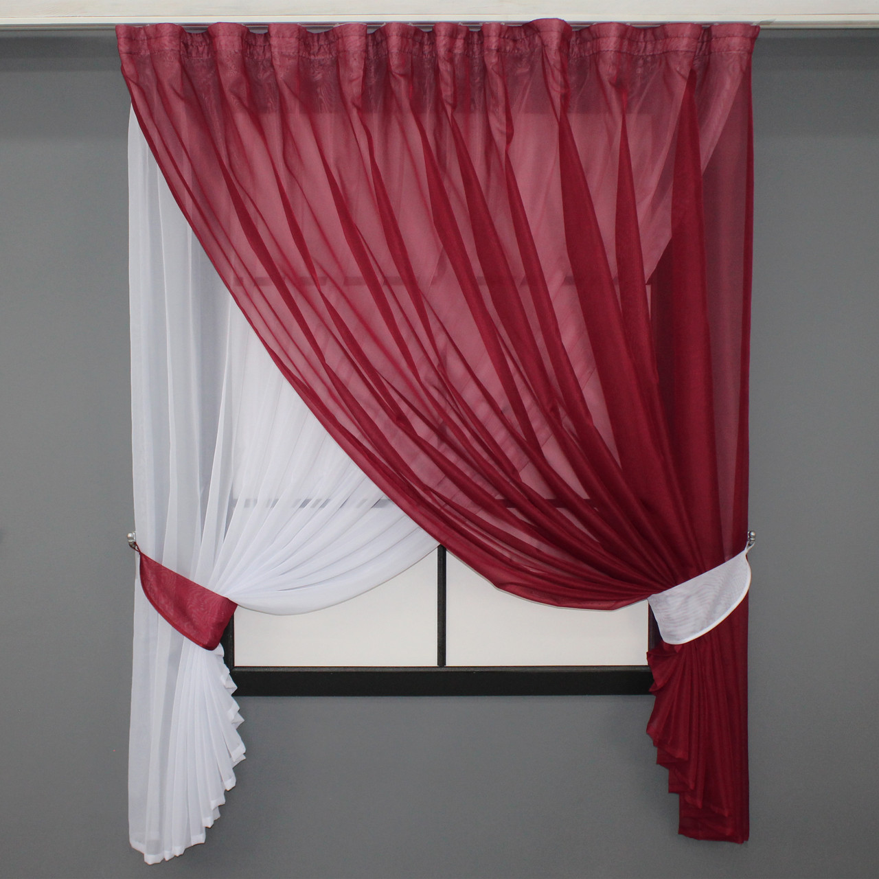 Кухонний комплект (270х170см.), шторки з підв'язками. "Дует". Колір червоний з білим. Код 076к 52-0778, фото 1