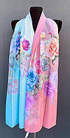 Шифоновый женский шарф 175*65 см розово синего цвета с ярким рисунком.