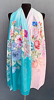 Шифоновый женский шарф 175*65 см бирюзового цвета с ярким рисунком.
