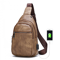 Мужская сумка-слинг Jasper Джаспер через плечо с USB бананка Коричневая