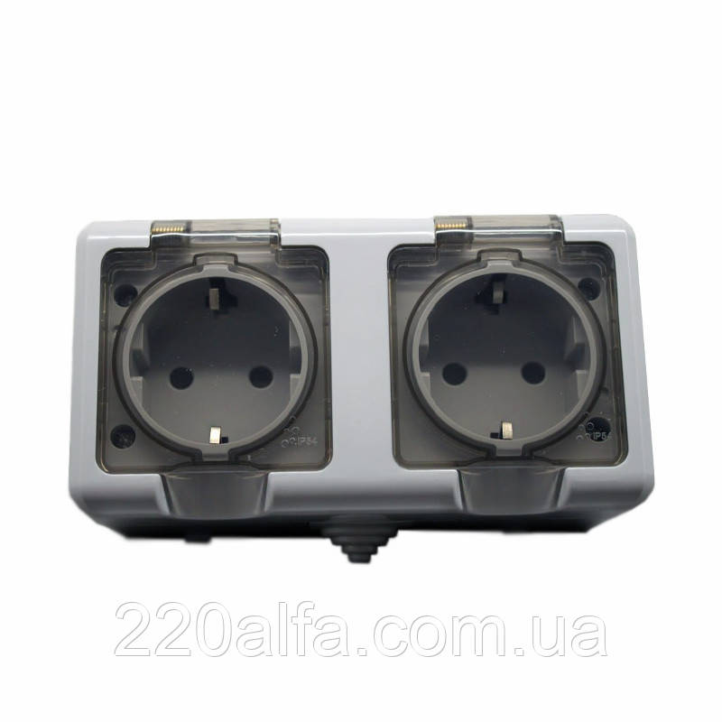 Розетка подвійна із заземленням та кришкою IP54  Сірий, фото 1