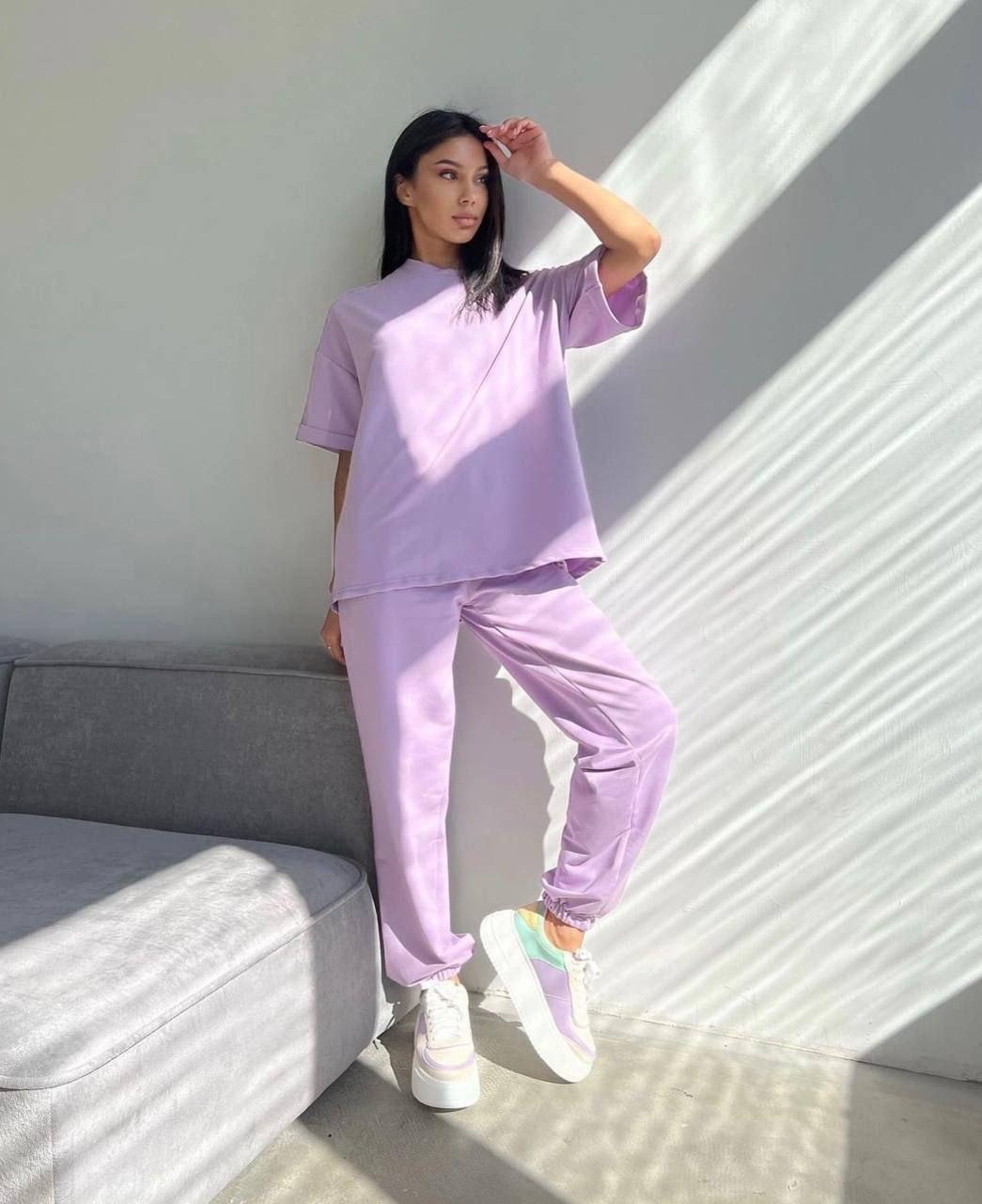 Жіночий базовий костюм/комплект футболка оверсайз і джогери (Розміри S,M,L), Бузковий