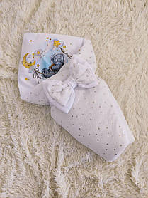 Демісезонний мусліновий конверт для новонароджених, білий з принтом Ведмедик у гамаку