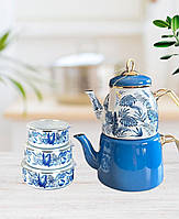 Набір Paçi Elite Class BLUE LEAF Емальований ексклюзивний чайник подвійнийдля всіх видів плит  + 3 контейнера для зберігання