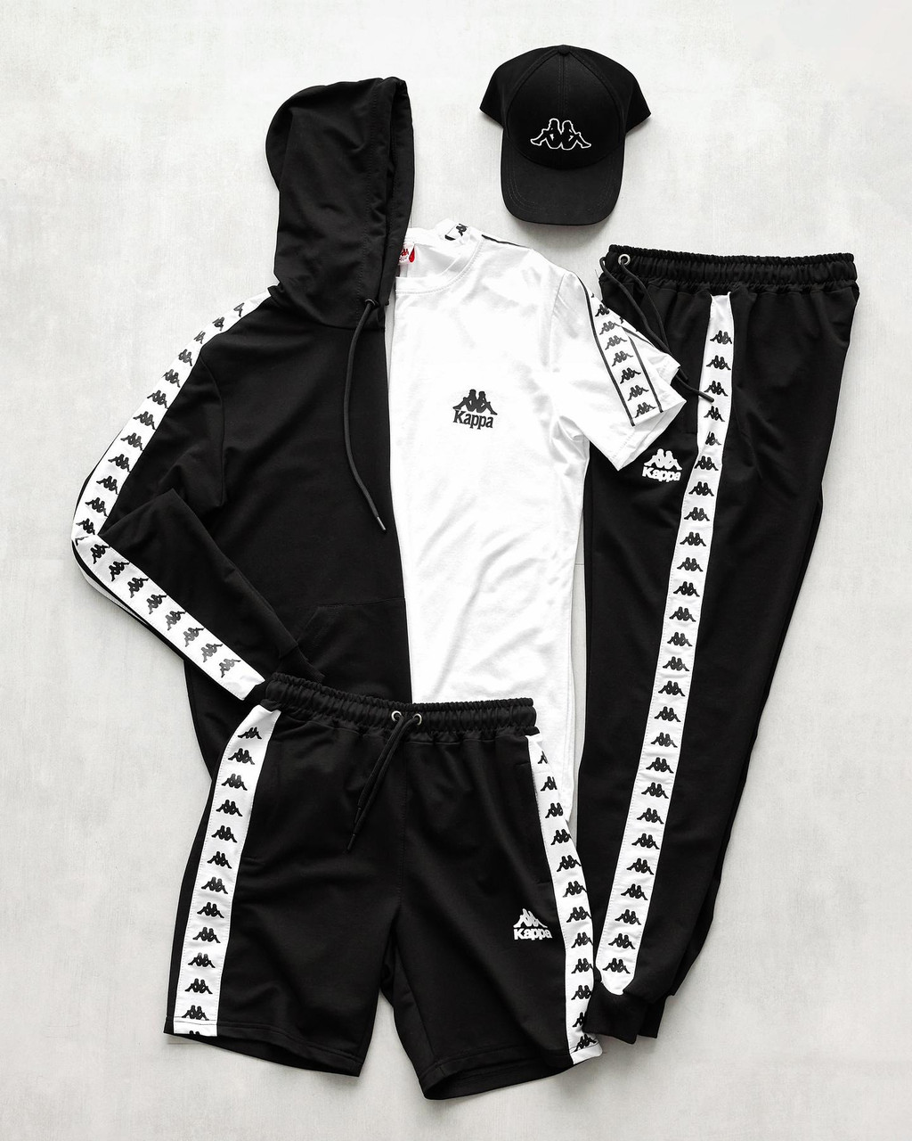 Чоловічий спортивний костюм Kappa + Футболка + Шорти + Кепка чорний Каппа з лампасами