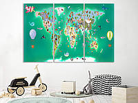 Картина на холсте детская карта мира, декор для стен в детскую комнату 120, 80, 3