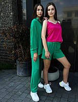 Женский костюм-тройка жатка рубашка штаны шорты размер XS, летний легкий костюм 3 в 1 зеленый, костюм жатка
