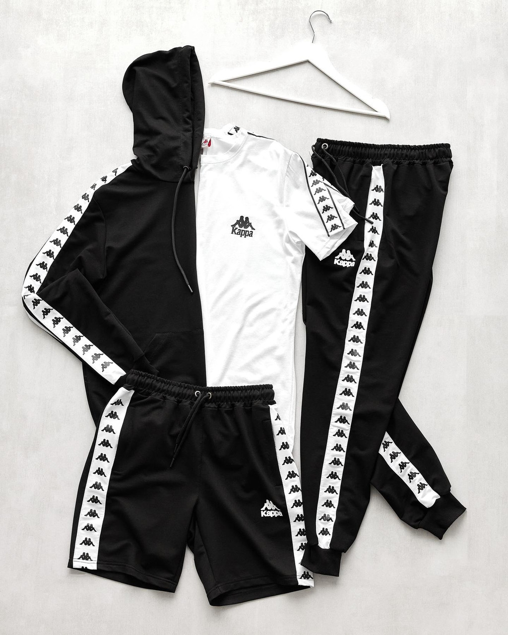 Чоловічий спортивний костюм Kappa + Футболка + Шорти чорний Каппа з лампасами