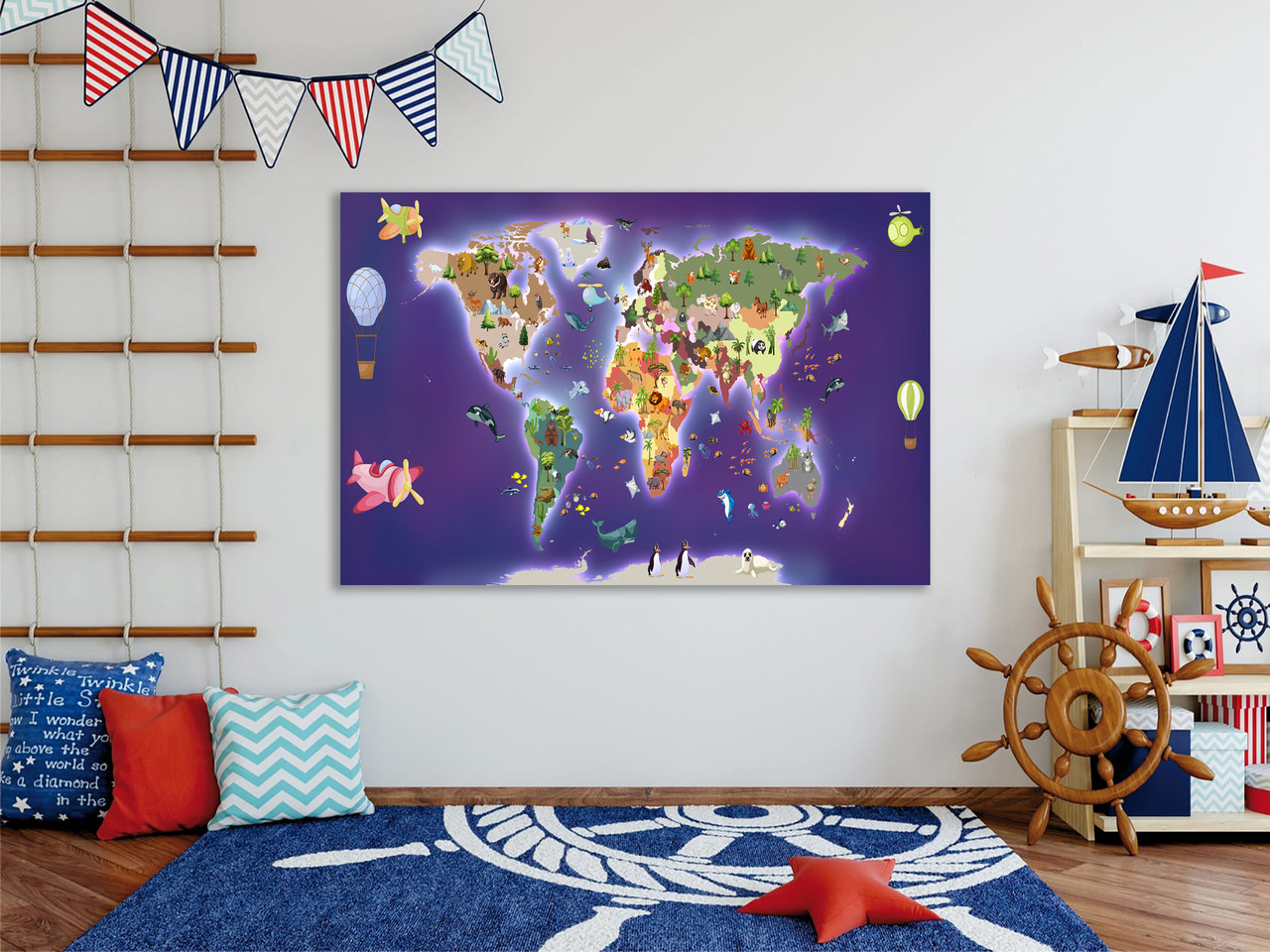 Дитяча карта світу на стіну в дитячу кімнату, картина на полотні для дитини, фото 1