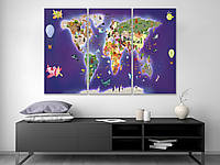 Детская карта мира на стену в детскую комнату, картина на холсте для ребенка 90, 60, 3