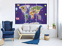 Детская карта мира на стену в детскую комнату, картина на холсте для ребенка 120, 80, 3