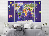 Детская карта мира на стену в детскую комнату, картина на холсте для ребенка 210, 140, 5