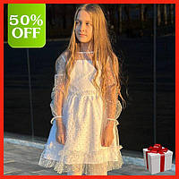 Платье на девочку белое фатин сетка Детское платье праздничное в горошек Платья и сарафаны для девочек STS