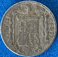 Монета Іспанії 5 сентимо 1941-53 рр.