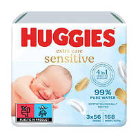 Детские влажные салфетки из целлюлозы без ароматизаторов Huggies Pure Extra Care, 3*56 шт
