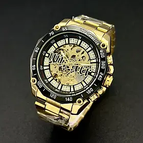 Чоловічий механічний наручний годинник скелетон Forsining 8186 Gold-Black з автопідзаводом.