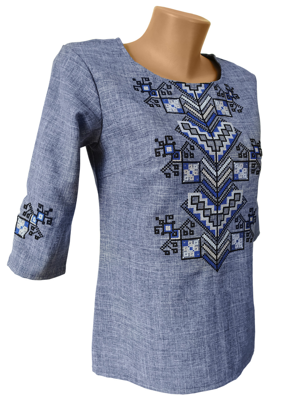 Вишита блуза жіноча на 3/4 рукав в кольорі джинс з орнаментом «Дерево життя» 56-58