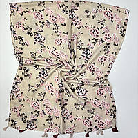 Женский классический шарф палантин с бантиками. Натуральный хлопковый турецкий мягкий шарф Розово - Бежевый