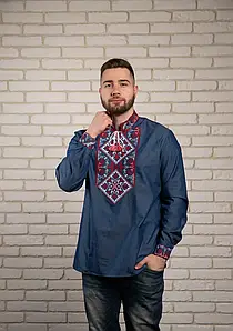 Чоловіча джинсова вишиванка батал синя з червоною вишивкою ромби великі розміри довгий рукав