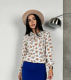 Стильна жіноча блуза в квіточку бежева нарядна блузка з довгим рукавами, фото 3