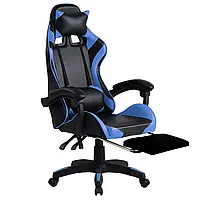 Кресло компьютерное игровое с подставкой для ног Gamer Pro Jaguar с ПОЯСНИЧНЫМ и ШЕЙНЫМ валиками Сине/черное