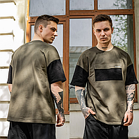 Мужская трикотажная футболка оверсайз casual повседневная с карманом FreeDom хаки с черным