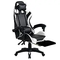 Кресло компьютерное игровое с подставкой для ног Gamer Pro Jaguar с ПОЯСНИЧНЫМ и ШЕЙНЫМ валиками Бело/черное