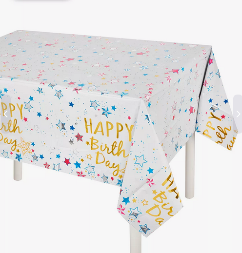 Скатертина поліетиленова "Happy Birthday зірки на білому" 137х183 см