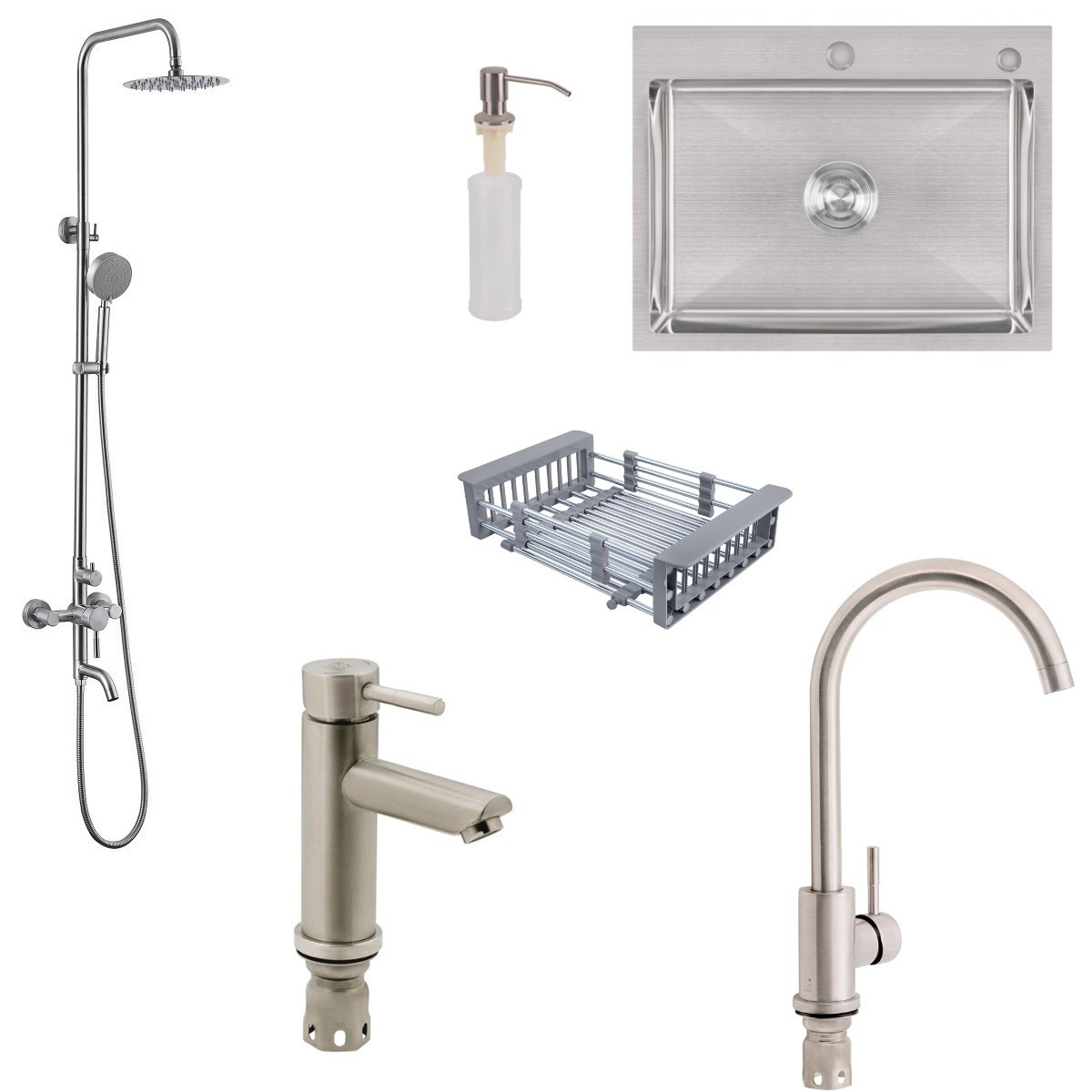 Набір сантехніки Lidz: Душова система, кухонна мийка 5845, кран для раковини, змішувач до кухні Aria 015F, фото 1