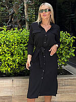 Чёрное женское свободное лёгкое платье-миди из жатки на пуговицах во всей длине и боковыми карманами