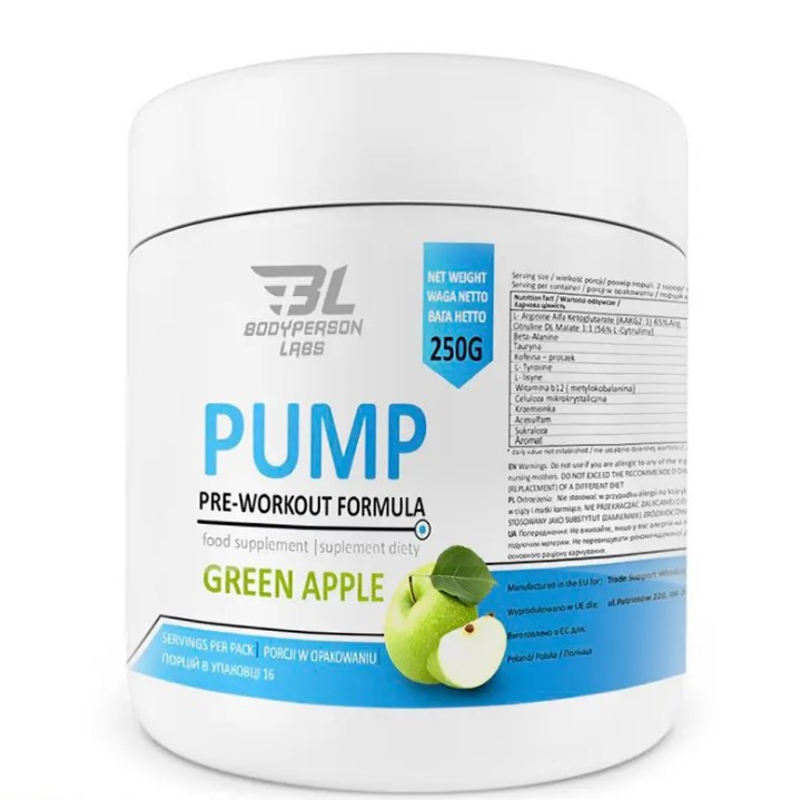 Передтренувальний комплекс Pump Pre-Workout Formula green apple Bodyperson Labs 250 г