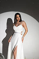 Вечернее длинное белое платье с разрезом на тонких бретелях (XS, S, M)