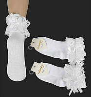 Высокие детские носочки нарядные однотонные БЕЛЫЕ деми носки с бантиками с рюшиками для девочки Katamino