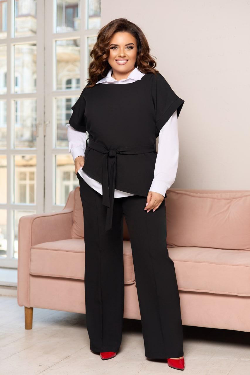 Стильний діловий костюм-трійка батал: сорочка + прямі штани + асиметрична кофта (р.48-62). Арт-3461/34, фото 1