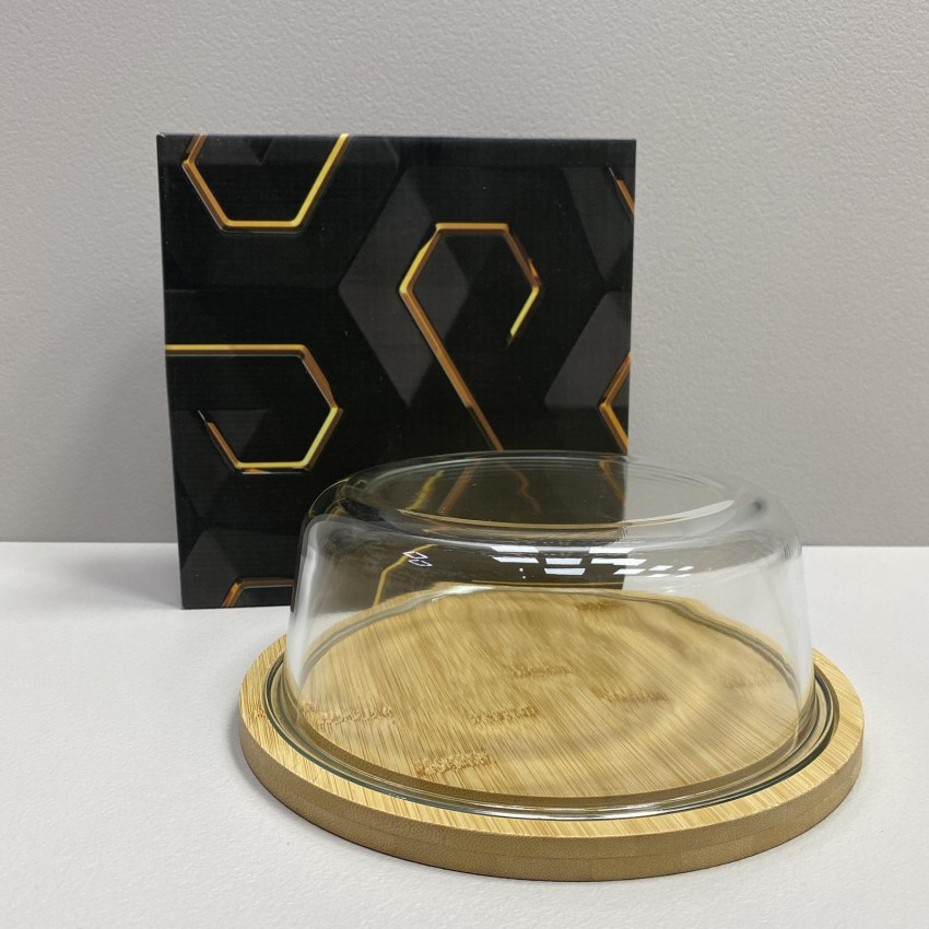 Блюдо-сирниця бамбукова з скляною кришкою 21*21*7,8 см Olens O102-627, фото 1