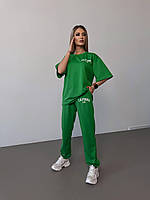 Зеленый легкий женский костюм оверсайз футболка и штаны