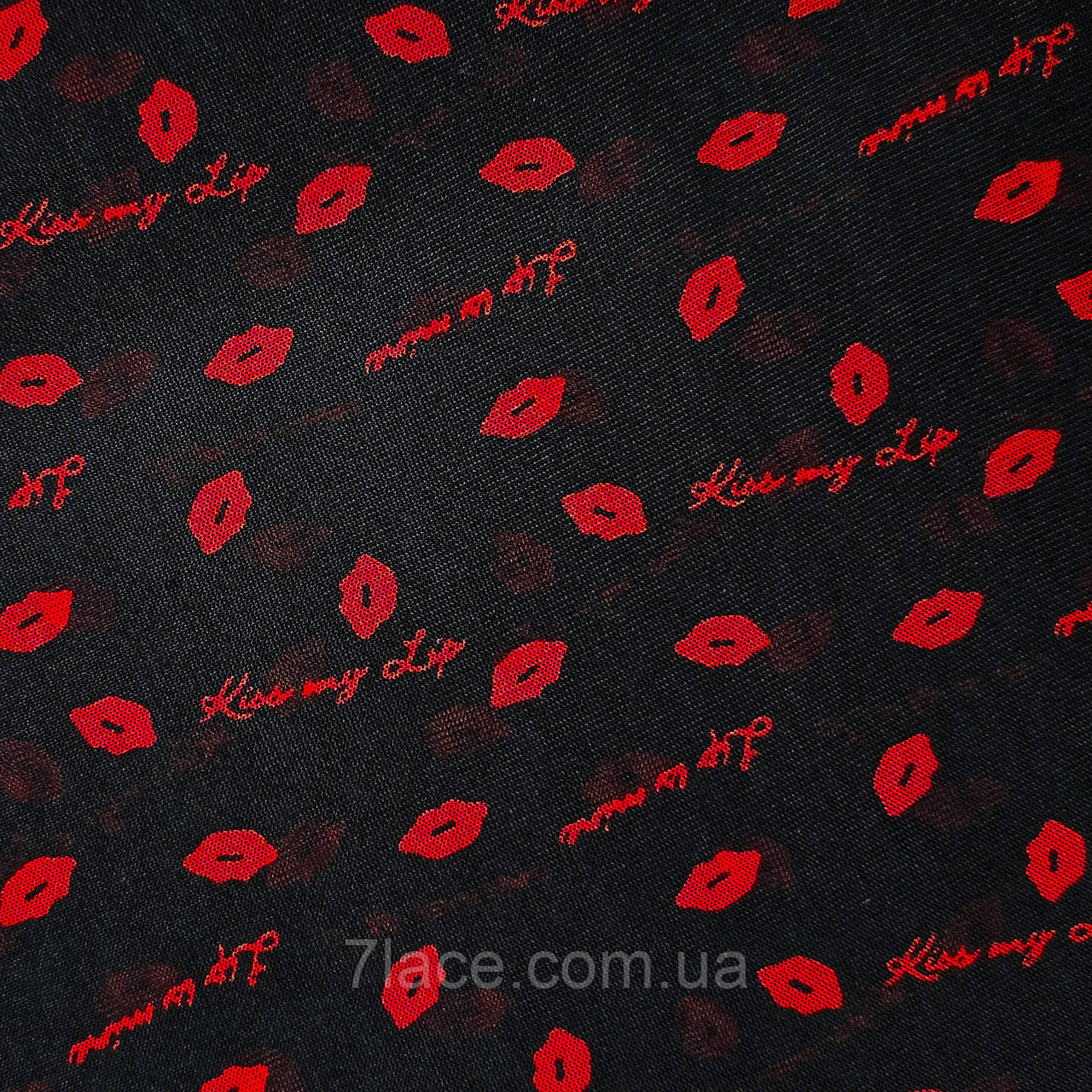 Сітка стрейч для нижньої білизни з принтом "KISS MY LIP" / колір ЧОРНО-ЧЕРВОНИЙ / ціна вказана за 0,5 метра