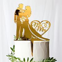Золотой Топпер "Пара Mr&Mrs" 22х14 см На Свадьбу из Зеркального Золотого Полистирол Зеркальный Акрил Золото