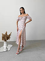 Платье миди женское со спущенными плечами с цветочным принтом со шнуровкой на спине с юбкой-солнце