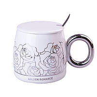 Чашка керамічна Golden Romance 400мл з кришкою і ложкою кухоль для чаю