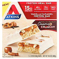 Atkins, заменитель протеиновой пищи, ванильно-карамельный крендель, 5 батончиков, 60 г (2,12 унции)
