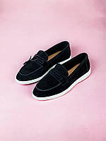 Женские черные замшевые лоферы, женские стильные повседневные туфли, туфли лоферы для девушек натуральный замш