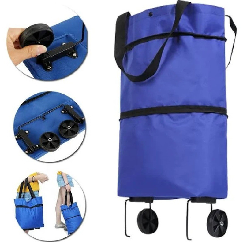 Складна сумка-візок з колесами для продуктів синій кравчучка
