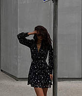 Женское летнее платье в цветочек с имитацией запаха с длинным рукавом (черное, бежевое) 42-46 размер