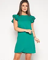 Зеленое мини платье с рюшами на рукавах, Софт, Повседневный