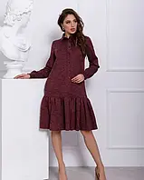 Бордовое платье-рубашка с воланом, Фактурный трикотаж, Деловой