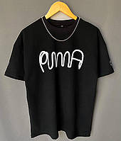 Мужская футболка Puma (черная) качественная молодежная оверсайз надпись спереди Турция МоL133